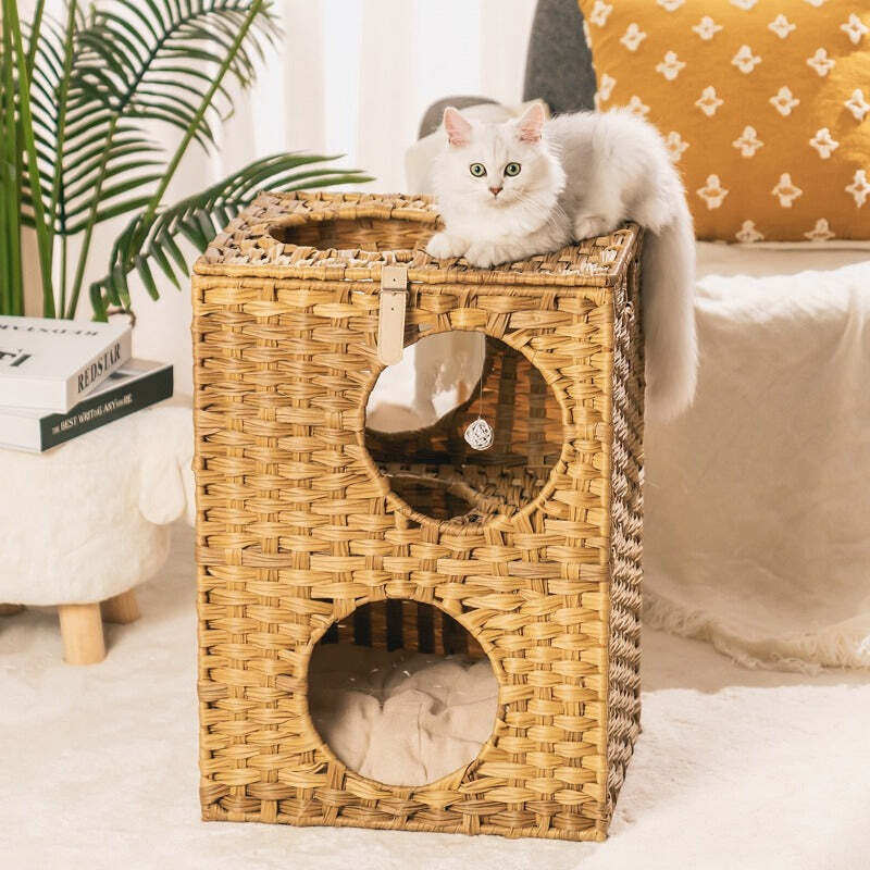 Wicker Cat House Two Tier Bed For Indoor Cats