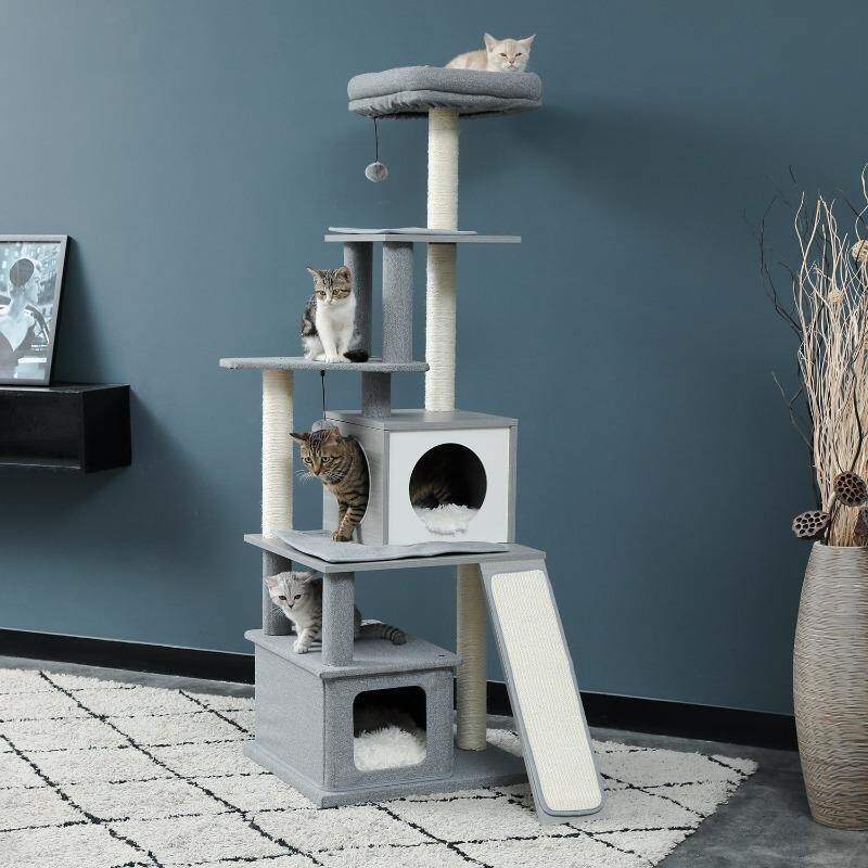 Modern Cat Tree 6 Level Cat Tower with Scratching Posts, 2 Condos, Top Perch Grey