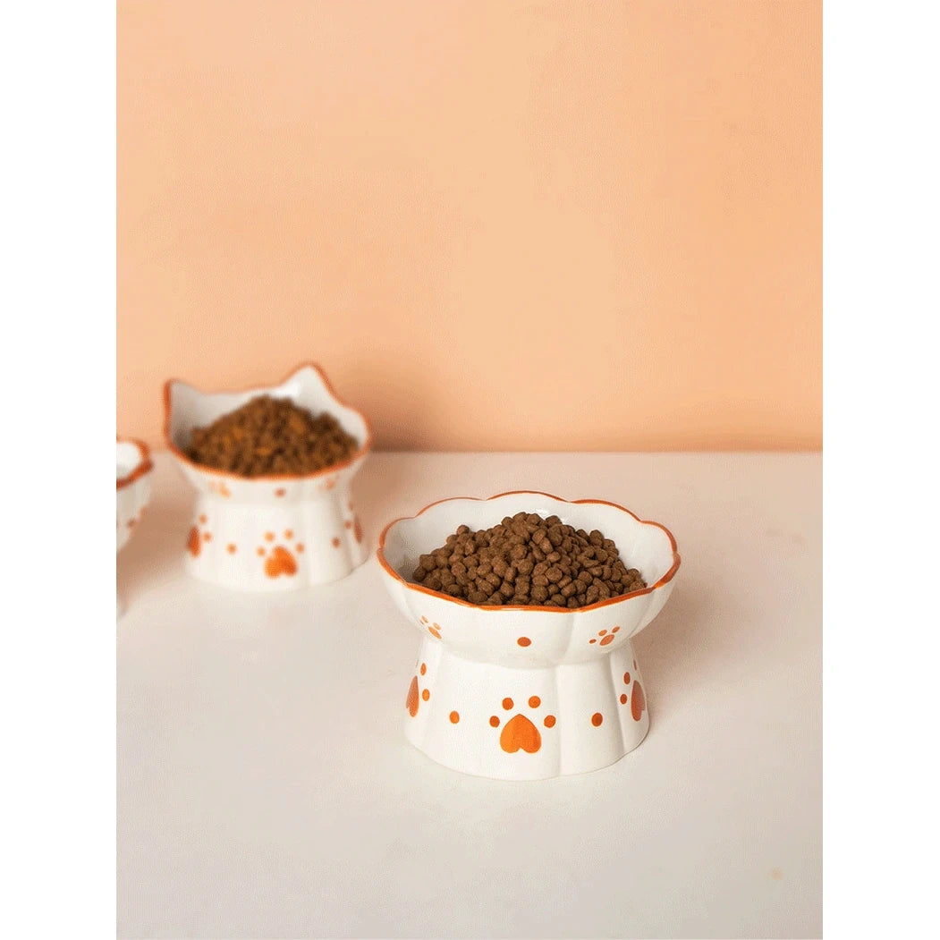 Ceramic Cat Bowl with Heart-Shaped Paw Prints