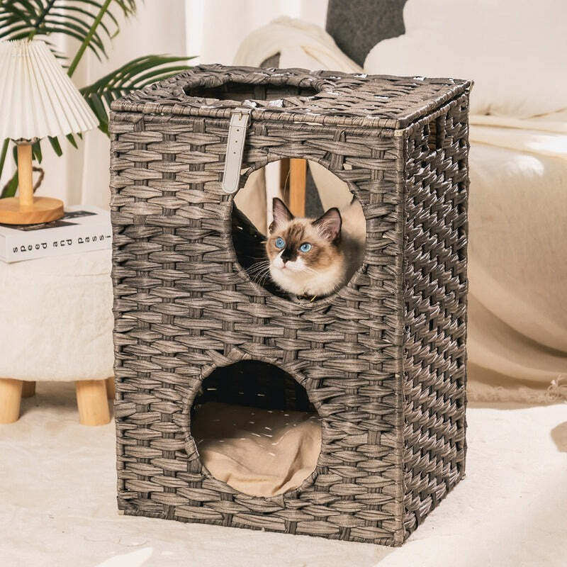 Wicker Cat House Two Tier Bed For Indoor Cats