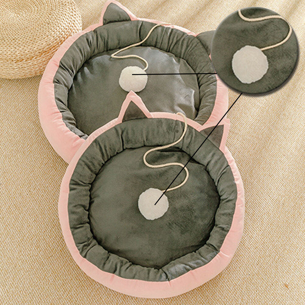Plush Cat Bed Cute Cat Ears Raised Edge Non-slip Waterproof Bottom