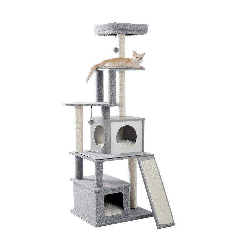 Modern Cat Tree 6 Level Cat Tower with Scratching Posts, 2 Condos, Top Perch Grey