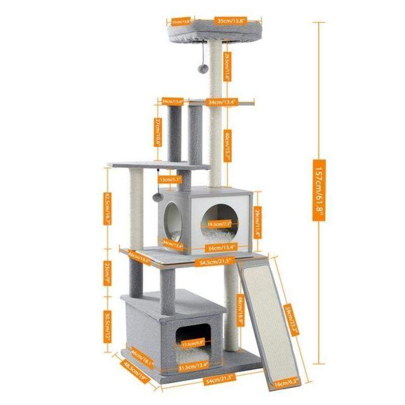 Modern Cat Tree 6 Level Cat Tower with Scratching Posts, 2 Condos, Top Perch Grey