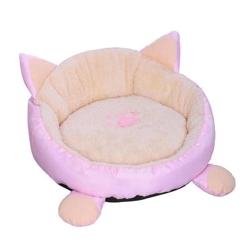 Plush Cat Bed Cute Cat Ears Raised Edge Non-slip Waterproof Bottom
