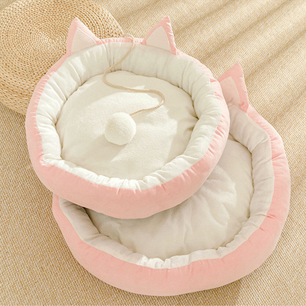 Plush Cat Bed Cute Cat Ears Raised Edge Non-slip Waterproof Bottom