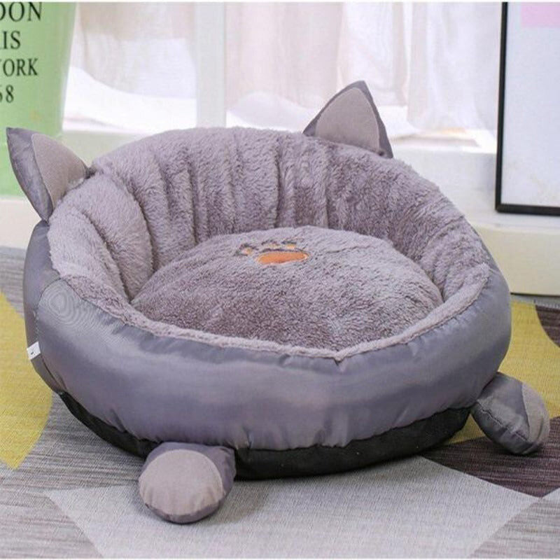 Plush Cat Bed Cute Cat Ears Raised Edge Non-slip Waterproof Bottom