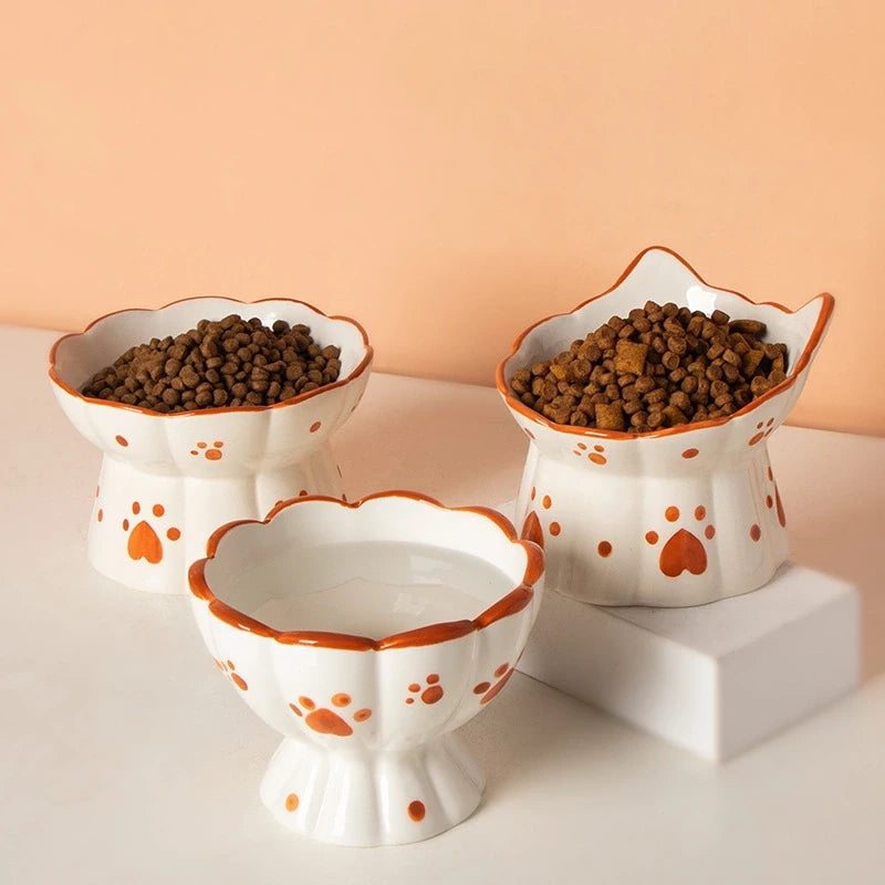 Ceramic Cat Bowl with Heart-Shaped Paw Prints