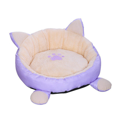 Plush Cat Bed Cute Cat Ears Raised Edge Non-slip Waterproof Bottom